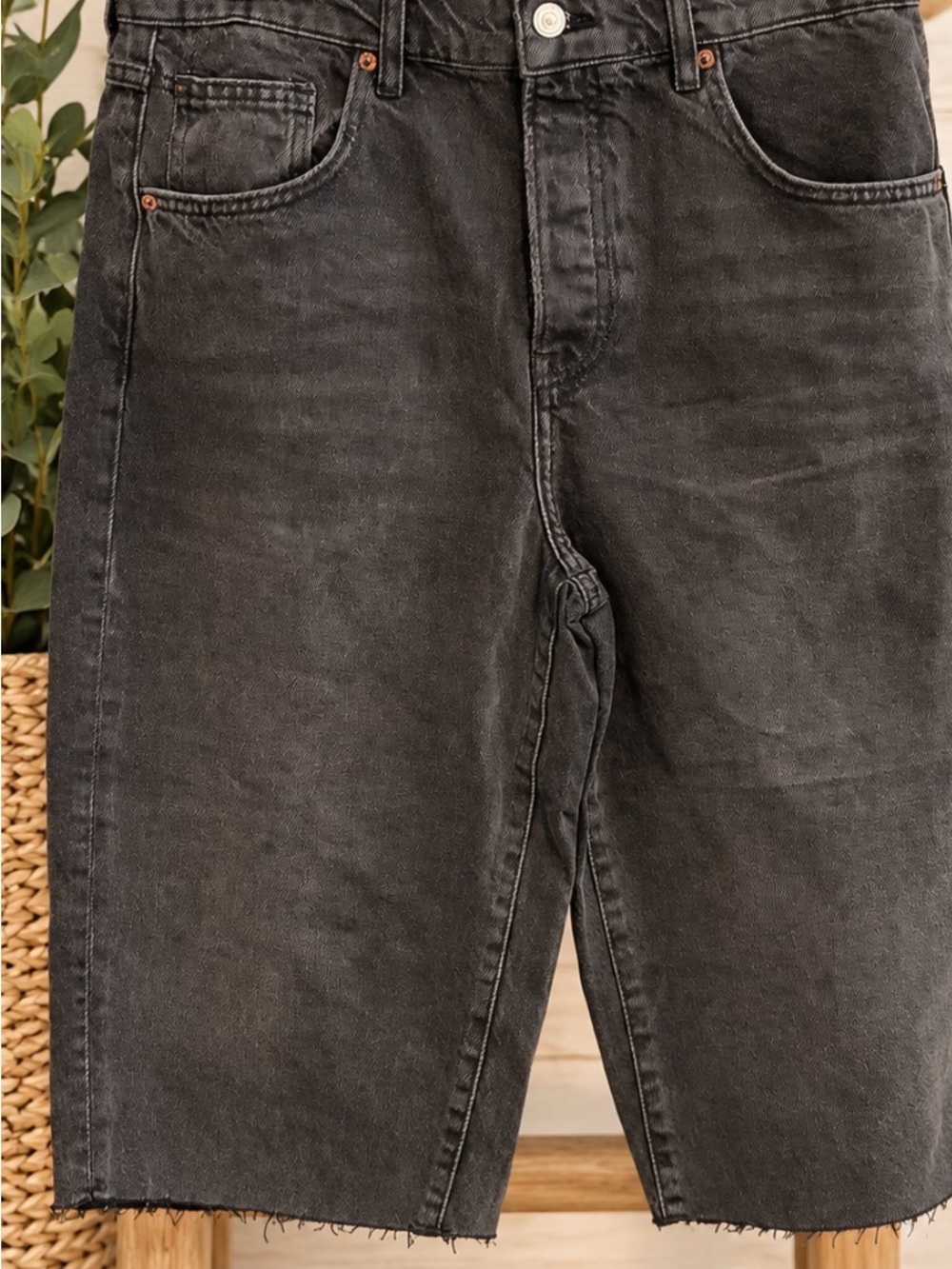 Free People We The Free Black Denim Bermuda Jort Shorts Raw Hem -NWOT